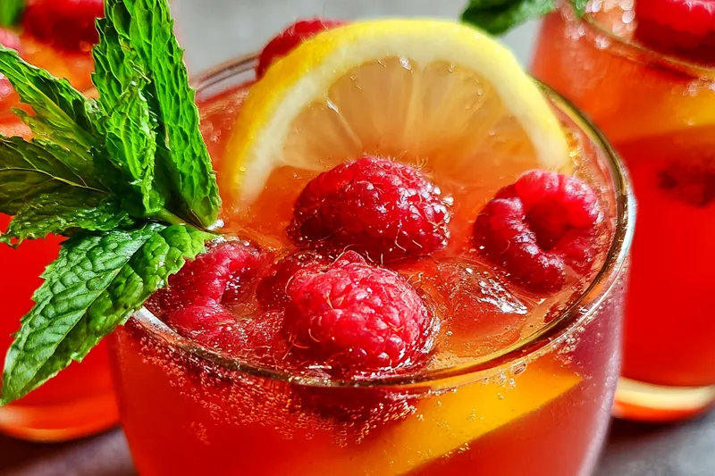 Process shots showing fruit being blended into smooth puree, simple syrup being made, and the beautiful pink lemonade being mixed in a glass pitcher