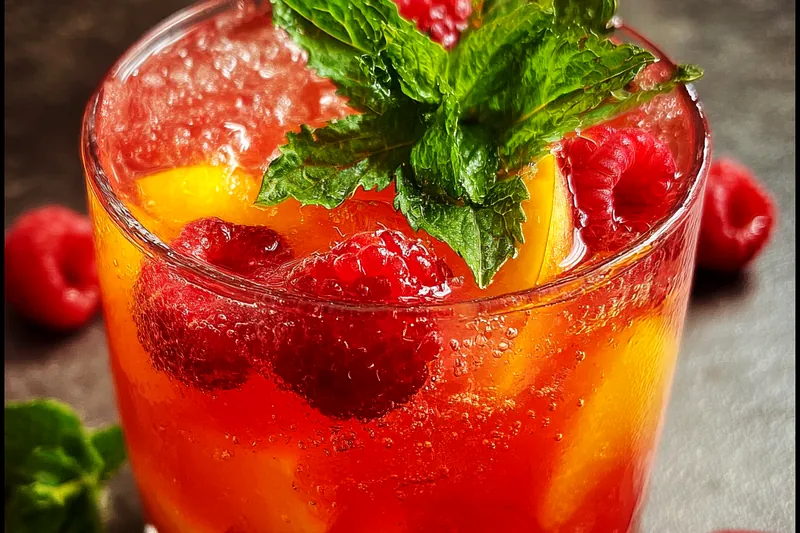 Fresh ingredients for raspberry peach lemonade including ripe peaches, bright red raspberries, fresh lemons, and sugar arranged on a marble countertop