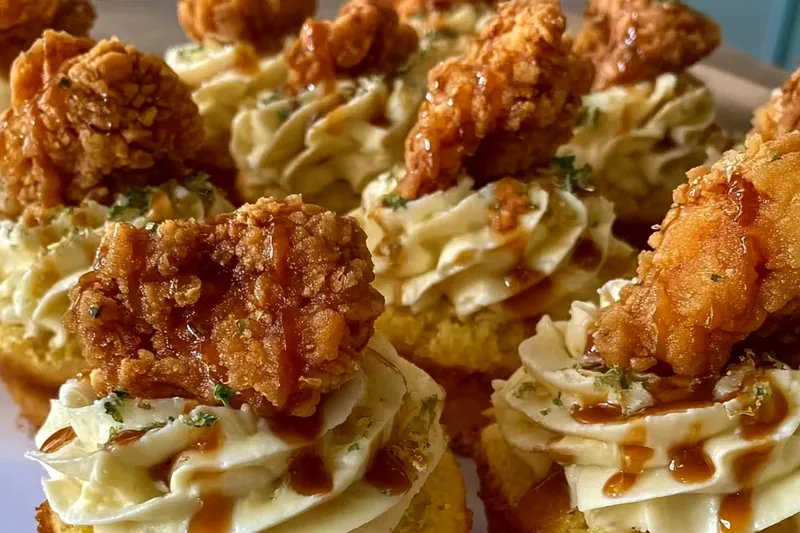 Step-by-step assembly showing golden cornbread cupcakes being topped with crispy fried chicken and elegant swirls of mashed potato frosting