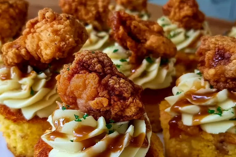 Ingredients for savory cupcakes including raw chicken tenderloins, cornmeal, potatoes, and seasonings arranged on a rustic wooden surface