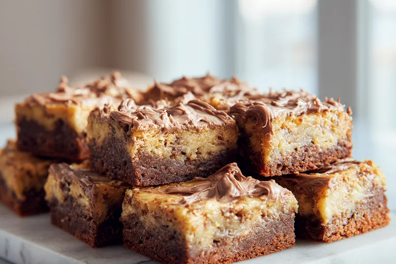Frosting banana bread brownies in a stylish kitchen.