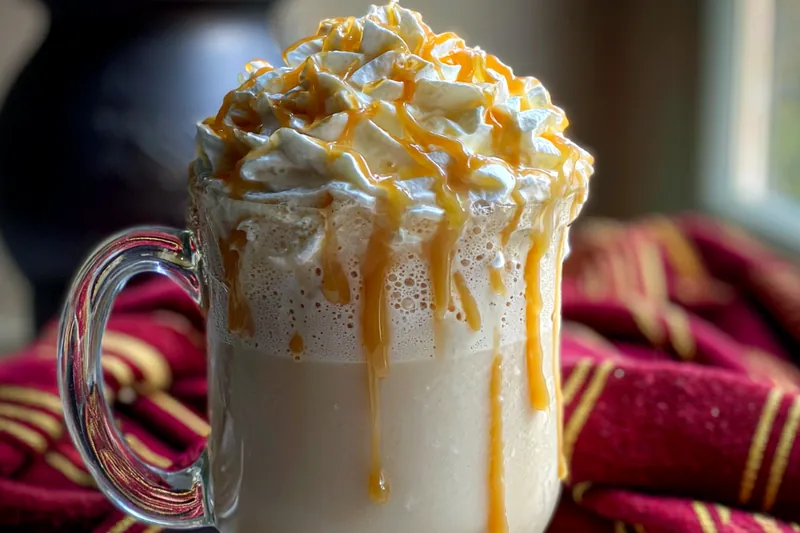 A step-by-step photo of making Magical Frozen Butterbeer Delight, showcasing the blending process.