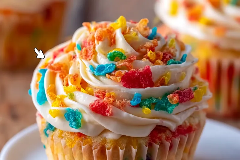 Electric mixer beating colorful Fruity Pebbles buttercream frosting with crushed cereal visible in the creamy mixture, showing the vibrant rainbow colors