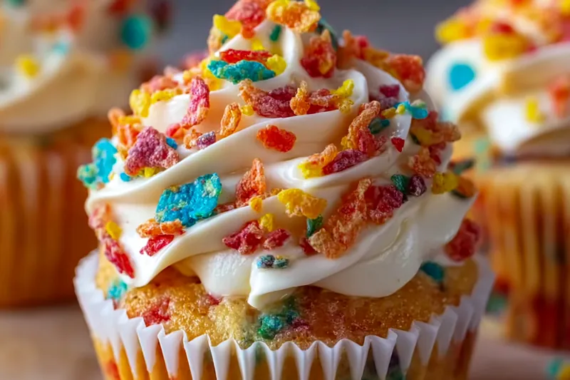 Colorful baking ingredients for Fruity Pebbles cupcakes including flour, sugar, butter, eggs, and bowls of bright Fruity Pebbles cereal arranged on a cheerful kitchen counter