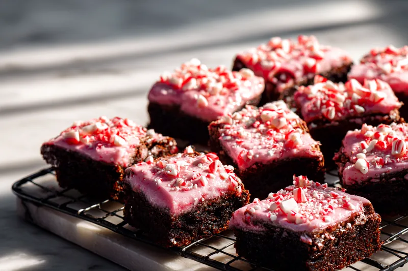 Side view of chocolate brownie batter being poured into a parchment-lined baking pan, showing the thick, glossy texture of the batter with a wooden spoon, photographed with kitchen towel and measuring cups in soft focus background