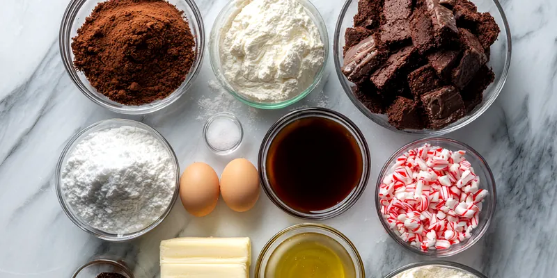 Freshly baked fudgy chocolate brownies topped with glossy pink peppermint frosting and crushed red and white candy cane pieces, arranged on a black wire cooling rack with natural lighting