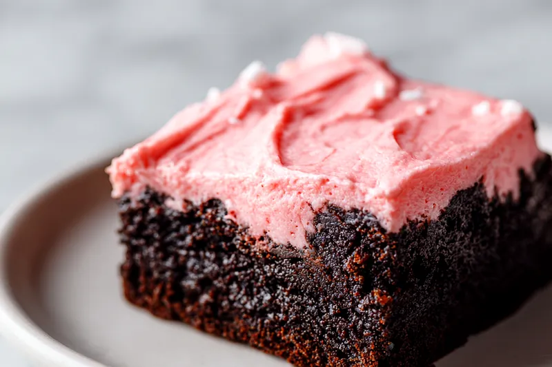 Overhead view of all ingredients for peppermint brownies arranged on a white marble surface including melted butter in a glass bowl, eggs, cocoa powder in a small dish, flour, sugar, candy canes, and pink frosting ingredients