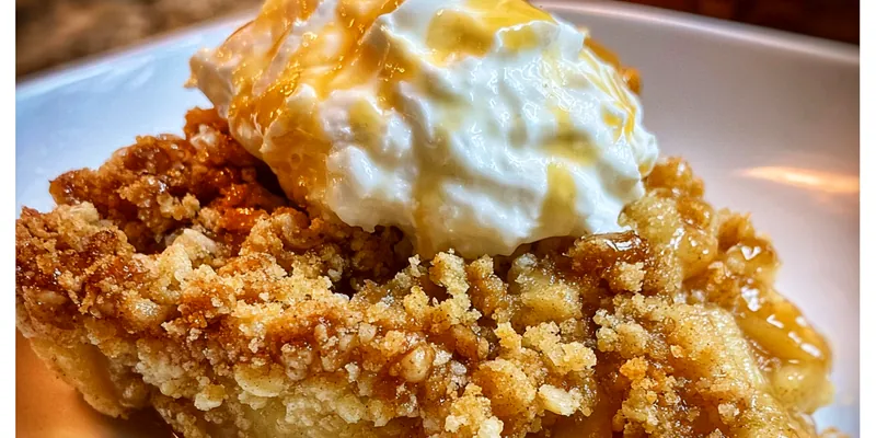 Golden brown Gala apple crisp topped with oat mixture