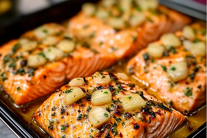 Golden salmon fillets baking in the oven with melted garlic butter on top and lemon slices around the edges