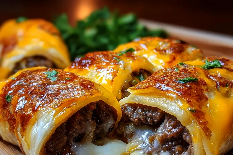 Golden cheeseburger rollups baking in the oven with garlic butter glaze and sesame seeds on top