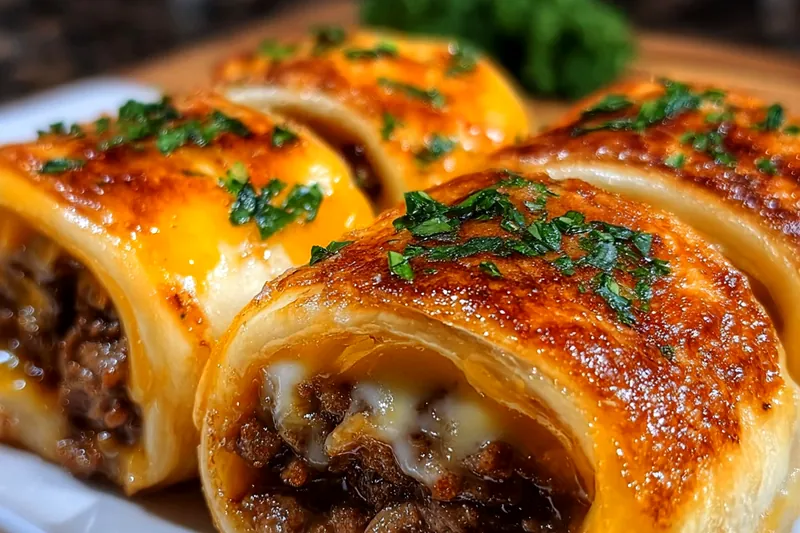 Ingredients for cheeseburger rollups including ground beef, crescent roll dough, cheese cubes, garlic, and seasonings arranged on a wooden cutting board