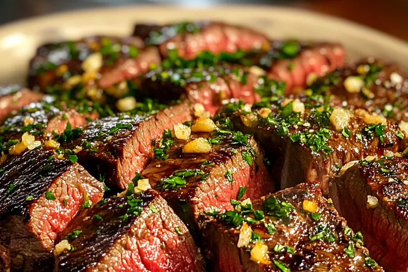 An array of fresh ingredients for Savory Garlic Butter Steak Delight, including steak, garlic, and herbs arranged beautifully.