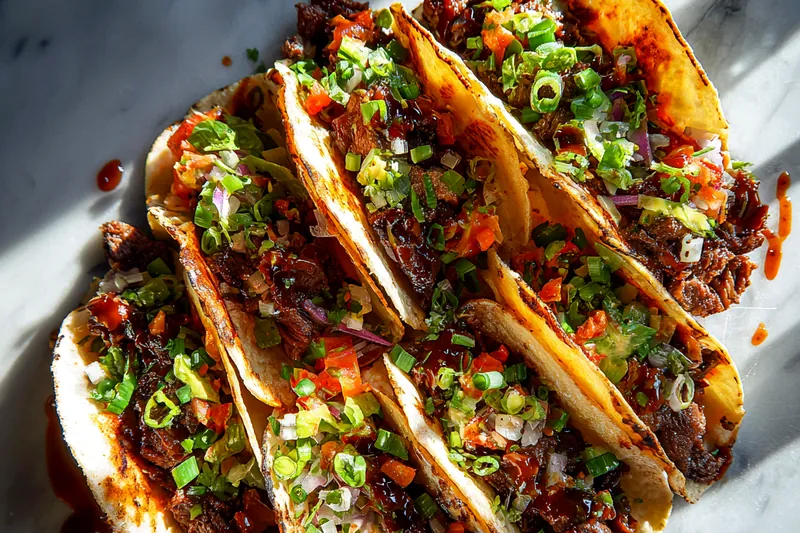 Fresh ingredients for Garlic Butter Honey BBQ Beef Tacos, including ground beef, garlic, tortillas, and fresh vegetables.