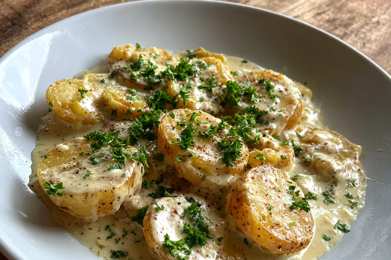 The cooking process of Garlic Cream Potatoes showing potatoes being tossed in a creamy garlic sauce.