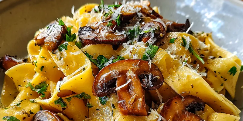 Delicious Garlic Mushroom Pappardelle Delight served on a plate
