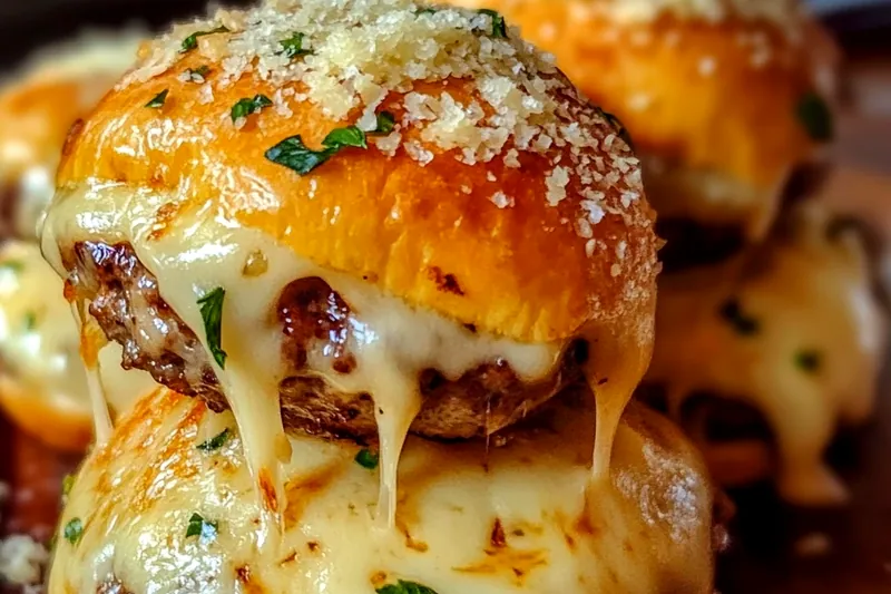 Ingredients for cheeseburger bombs including ground beef, shredded cheese, biscuit dough, garlic, and butter arranged on wooden cutting board