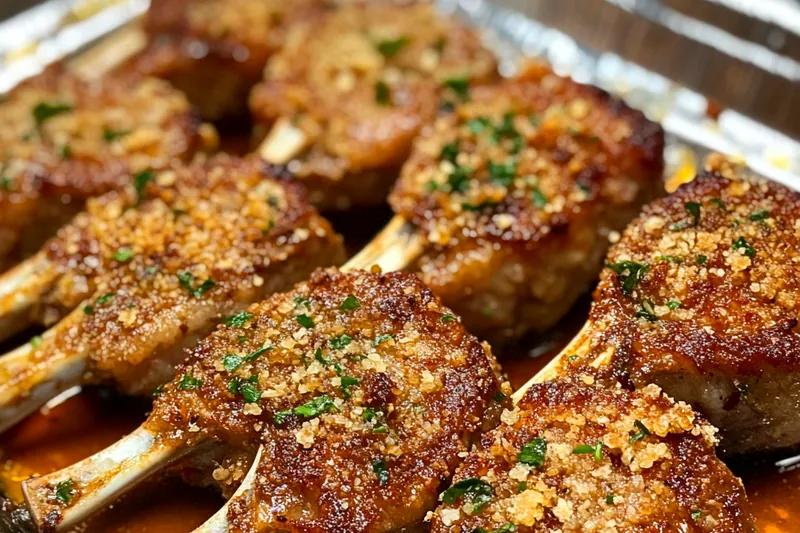 A neatly arranged setup of ingredients for Crispy Garlic Parmesan Lamb Chops including lamb, garlic, and parmesan.