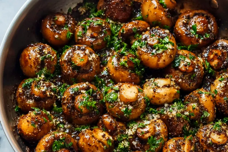 Close-up action shot of golden-brown mushrooms being tossed in a skillet with melted butter and garlic, showing steam rising and the caramelization process