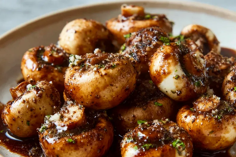 Overhead view of raw ingredients including fresh button mushrooms in a bowl, melted butter, minced garlic, grated Parmesan cheese, fresh parsley, and seasonings arranged on a marble surface