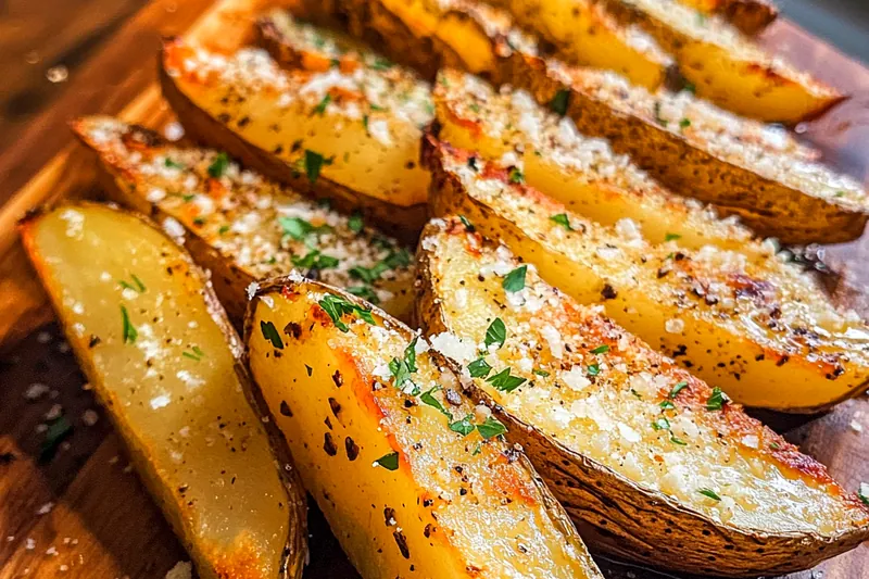 Fresh ingredients for making Crispy Garlic Parmesan Wedges, including potatoes, garlic, and Parmesan cheese.