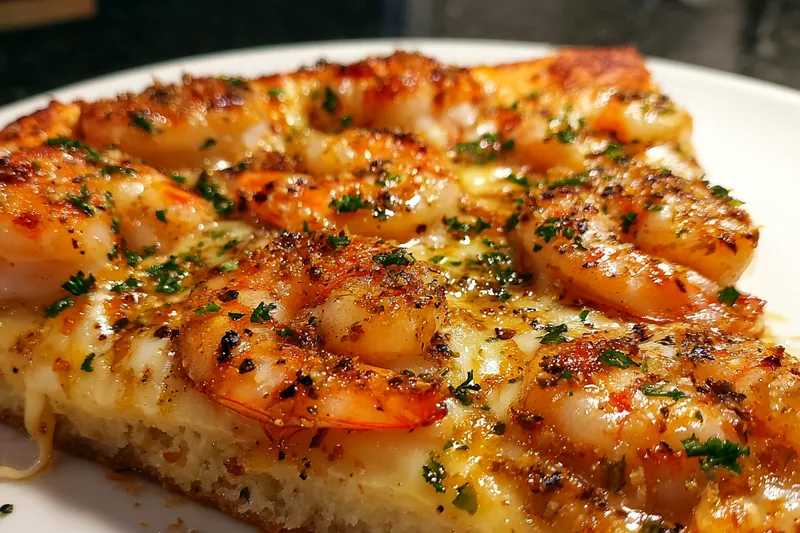 An action shot of Chef Mitchell assembling Savory Shrimp Pizza Delight in the kitchen.