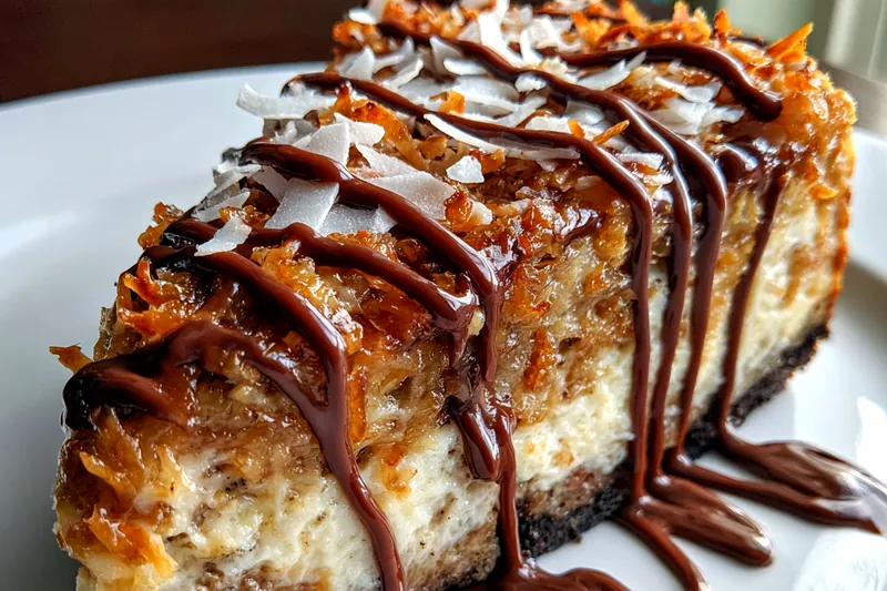 Step-by-step images showing the cooking process for Decadent German Chocolate Cheesecake, including mixing, baking, and topping.