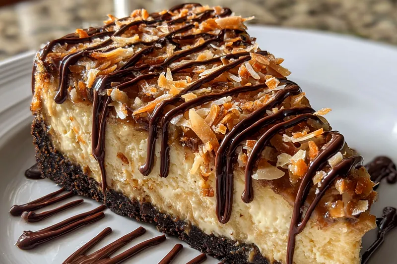 A colorful array of ingredients for Decadent German Chocolate Cheesecake, including cream cheese, chocolate, coconut, and eggs.