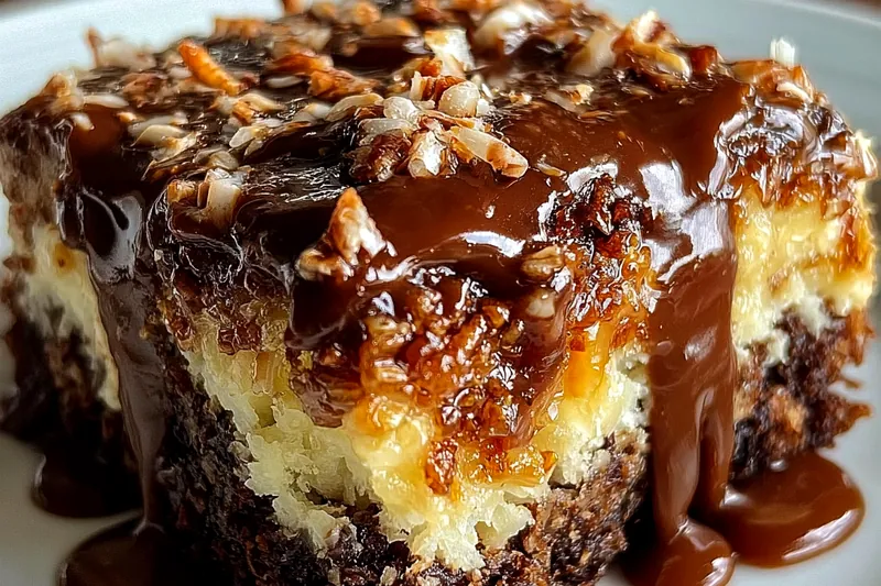 German chocolate poke cake being assembled with coconut-pecan filling being spread over the soaked chocolate cake base