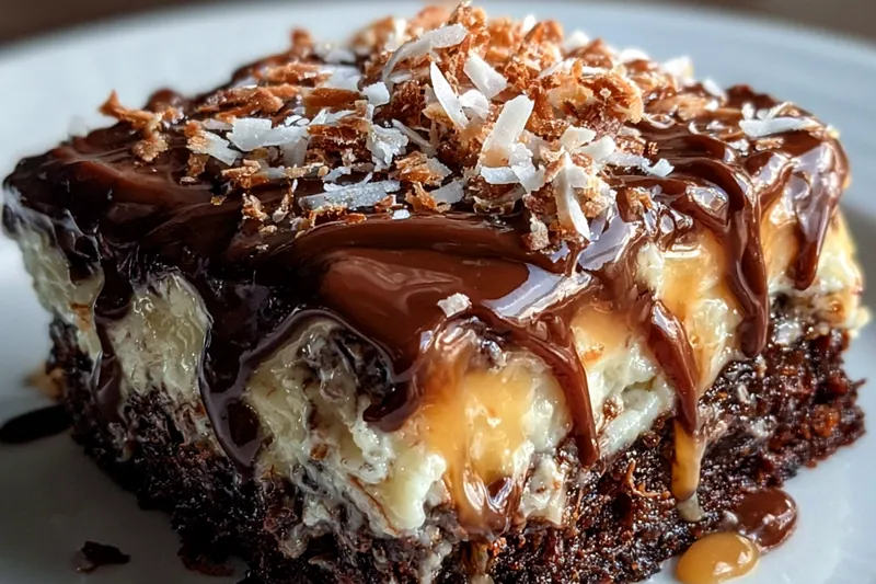Ingredients for German chocolate poke cake including cake mix, coconut, pecans, cream cheese, and milk arranged on a baking counter