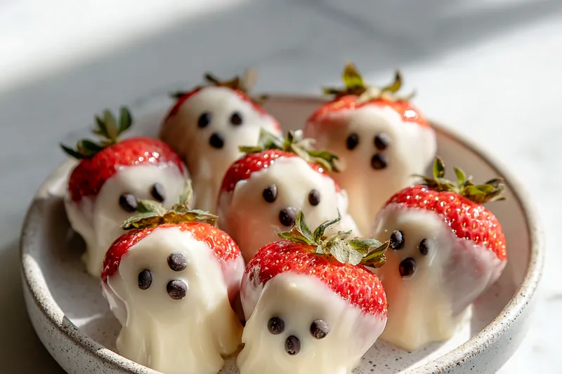 Hand dipping fresh strawberry into bowl of melted white chocolate, creating the ghost coating