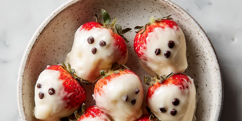 Adorable white chocolate covered strawberry ghosts with dark chocolate faces arranged on a serving platter, perfect for Halloween