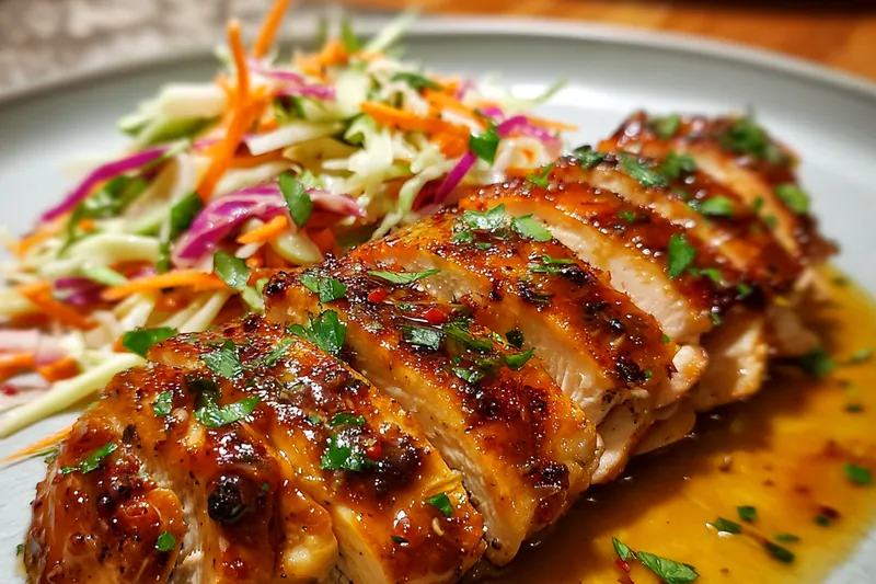 Glazed Herb Chicken Delight being plated with sides.