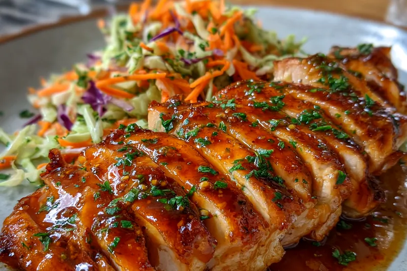 Fresh ingredients for Glazed Herb Chicken Delight including herbs and chicken.
