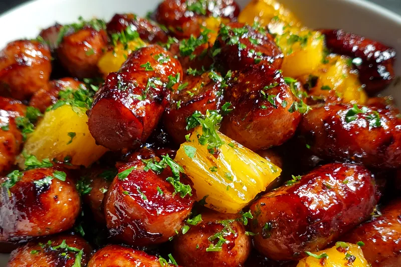 Sausage and pineapple pieces sizzling in a large skillet with glossy caramelized glaze coating, showing the perfect glazing technique