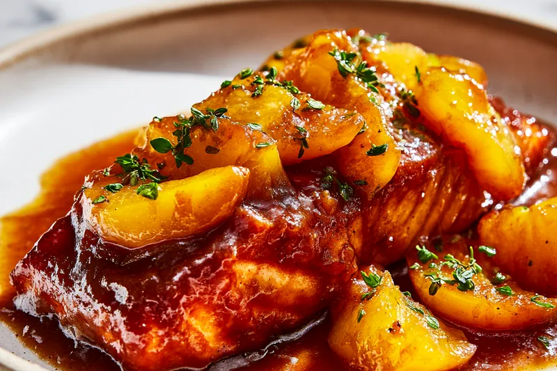 Action shot of golden-brown gnocchi being tossed in a stainless steel skillet with caramelized peach wedges and melted brown butter, steam rising, fresh thyme visible