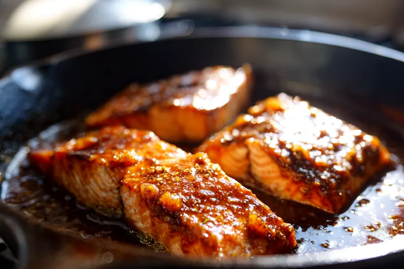 Overhead view of ingredients arranged on a marble surface: golden peaches, fresh thyme sprigs, gnocchi in a bowl, butter sticks, garlic cloves, and pine nuts in a small dish