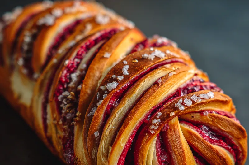 Ingredients for Golden Berry Twist Loaf including flour, golden berries, and walnuts arranged on a wooden table.