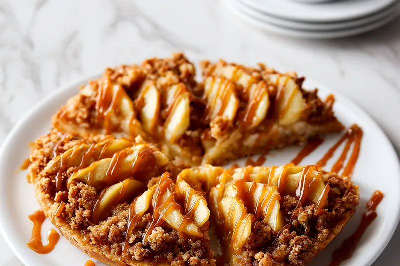 Apple crisp pizza baking in the oven showing the golden-brown crisp topping and bubbling apple filling around the edges