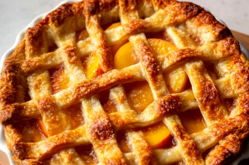 Fresh peaches, flour, butter, and spices arranged on a wooden surface with rolling pin and pie dish