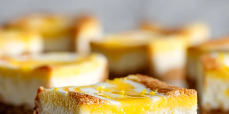 Deliciously gooey lemon cheesecake bars topped with lemon zest.