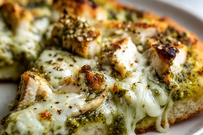 Overhead flat lay of pizza ingredients arranged on white marble surface: bowl of vibrant green basil pesto, pile of shredded cooked chicken breast, torn fresh mozzarella pieces, mound of grated Parmesan cheese, fresh basil leaves, small bowls of minced garlic and Italian seasoning, with pizza dough ball and olive oil bottle