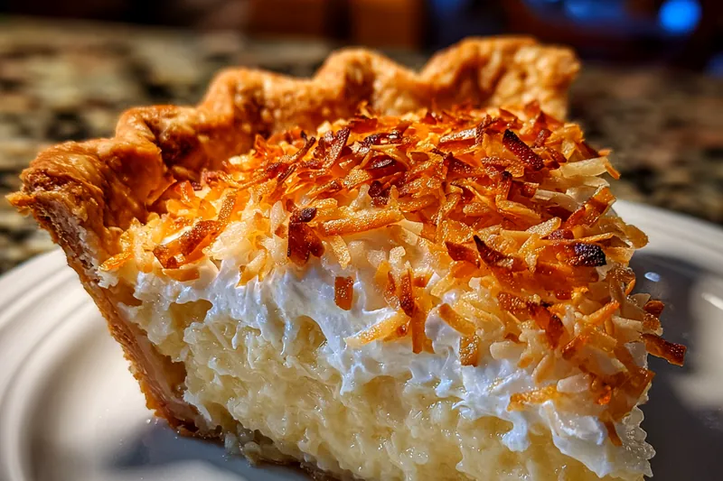 Ingredients for coconut cream pie including milk, eggs, shredded coconut, vanilla extract, and pie crust arranged on a marble counter