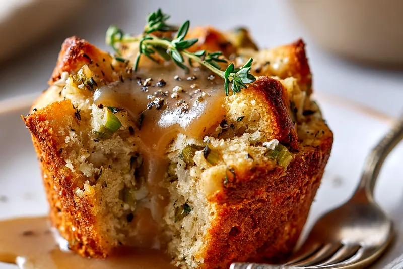 Close-up of a single golden stuffing muffin on a white plate with rich turkey gravy flowing over the top and fresh parsley garnish
