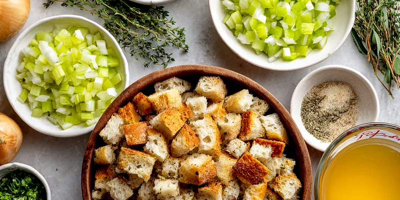 Golden brown stuffing muffins stacked on white platter with turkey gravy drizzled on top and fresh herbs garnish