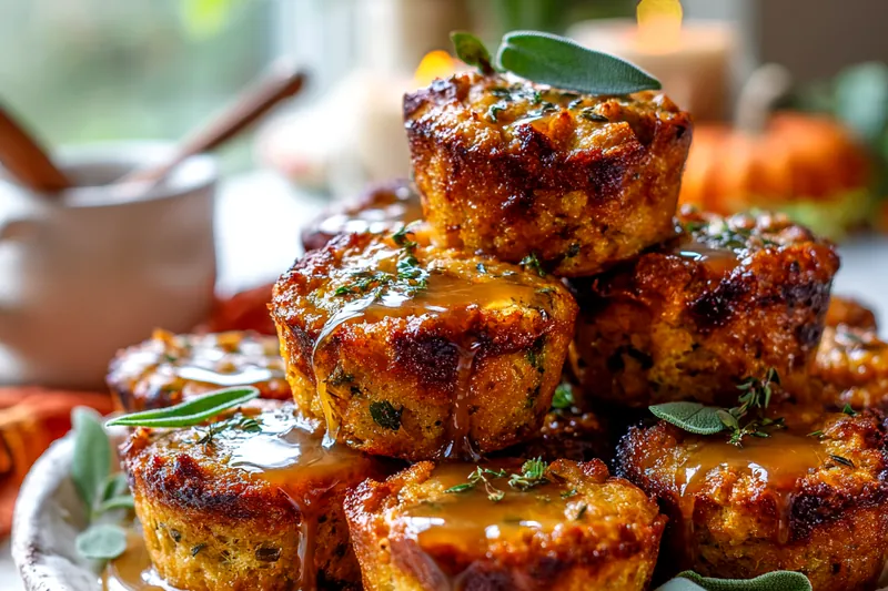 Overhead view of all ingredients for stuffing muffins arranged in small bowls on white surface: bread cubes in wooden bowl, diced vegetables, fresh herbs, eggs, broth, and sausage