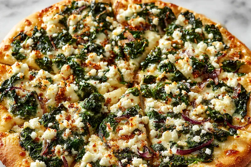 Fresh ingredients for Greek Roasted Garlic Spinach White Pizza