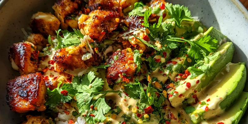Delicious Grilled Avocado Rice Bowl served on a plate