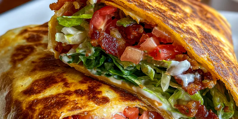 A beautiful arrangement of Savory Grilled BLT Wraps on a platter, showcasing crisp bacon, fresh lettuce, and vibrant tomatoes.