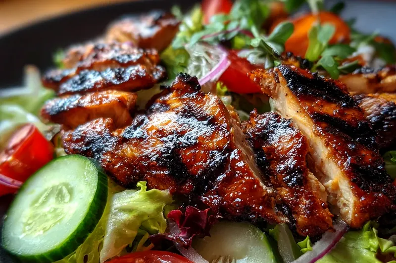 Chicken breasts sizzling on a hot grill with beautiful crosshatch grill marks, showing the perfect golden-brown color and professional grilling technique