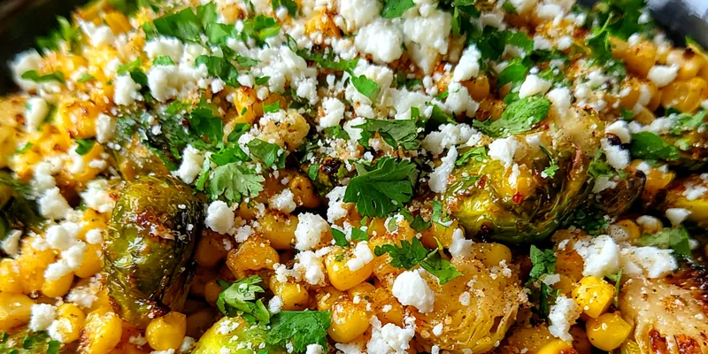 Delicious Grilled Corn Brussels Sprouts served on a plate